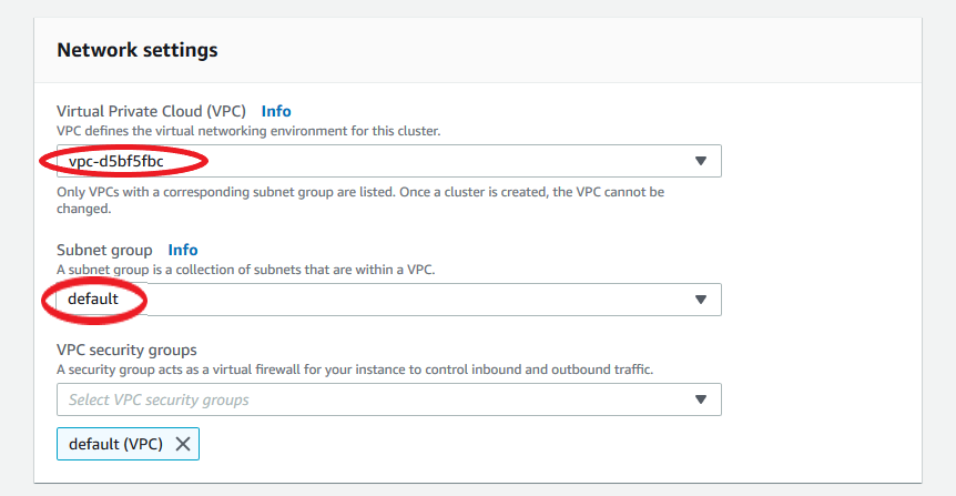 網路設定表單顯示 VPC、子網路群組和 VPC 安全群組選項。VPC 和子網路群組欄位已選取預設選項。