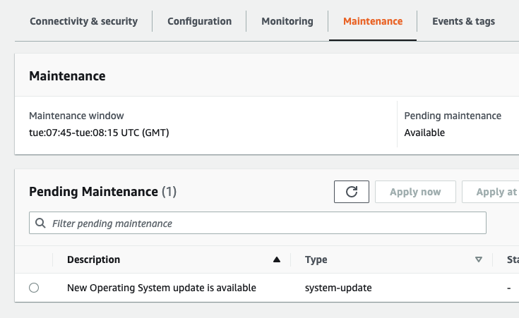 Amazon DocumentDB 主控台顯示叢集的維護資料欄。