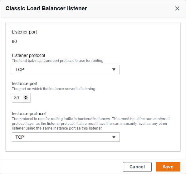Classic Load Balancer 組態 - 變更預設接聽程式的通訊協定為 TCP
