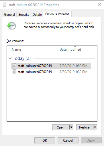 在 Windows File Explorer 中還原先前的版本