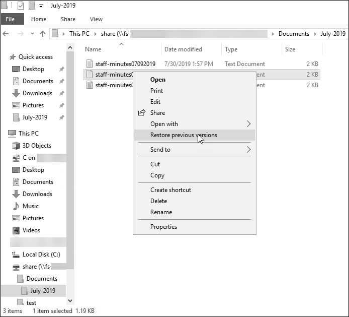 在 Windows File Explore 中還原先前的版本
