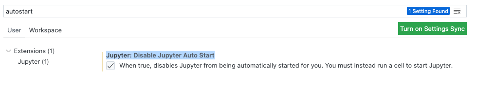 螢幕擷取畫面顯示了 VS Code 中為 Jupyter 擴充功能啟用的核取方塊。