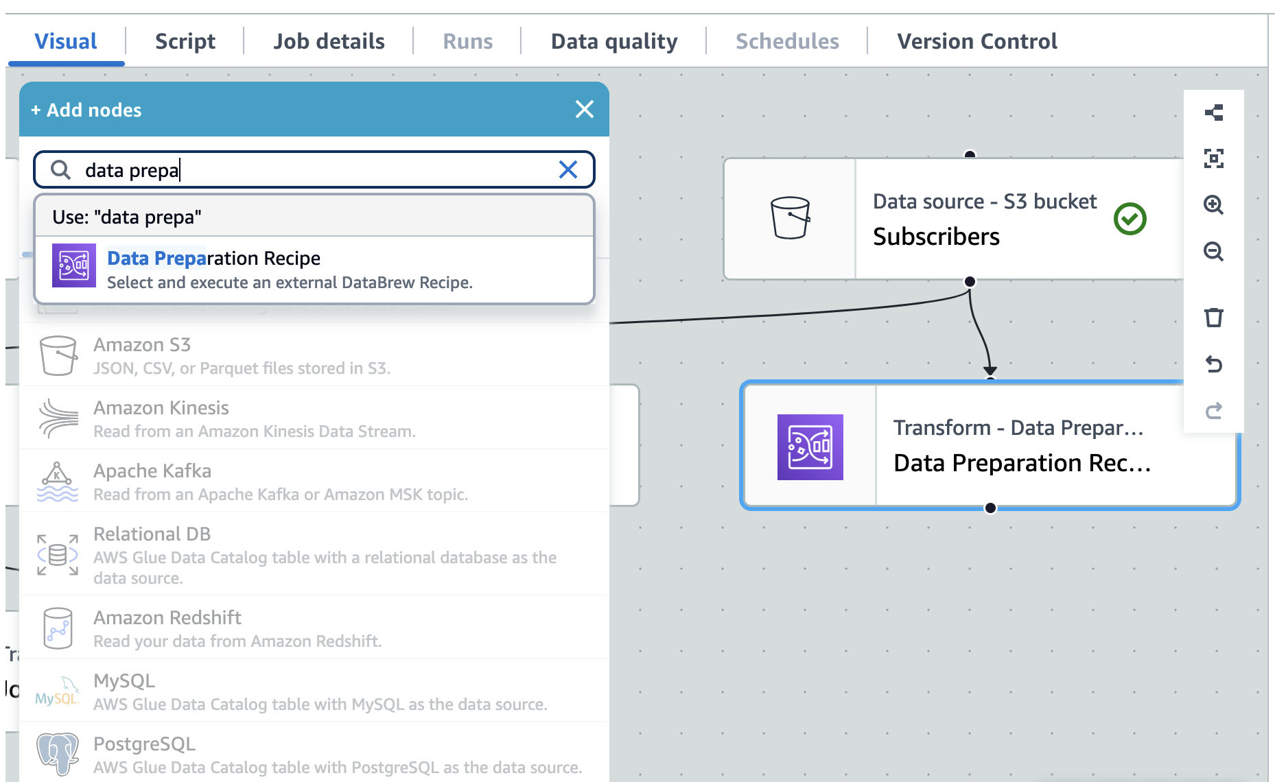 螢幕擷取畫面顯示「新增節點」模態，其中包含可供選取的資料準備配方。