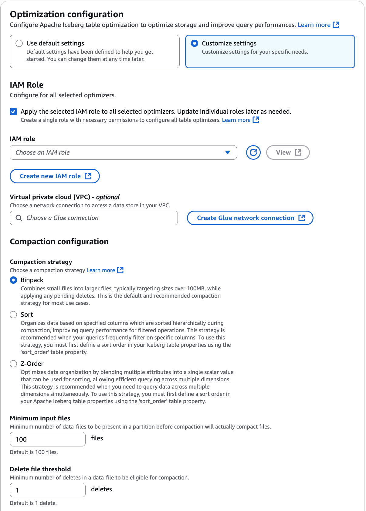 具有「啟用壓縮」選項的 Apache Iceberg 資料表詳細資訊頁面。