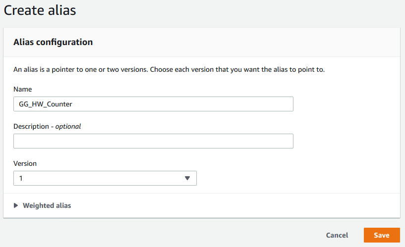 建立別名螢幕擷取畫面，並將 Name 欄位設定為 GG_HW_Counter，並將 Version 欄位設定為 1。