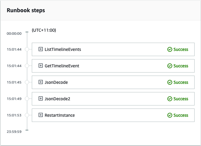 Automation Runbook 中的步驟會以時間戳記和狀態報告進行報告，例如「成功」。