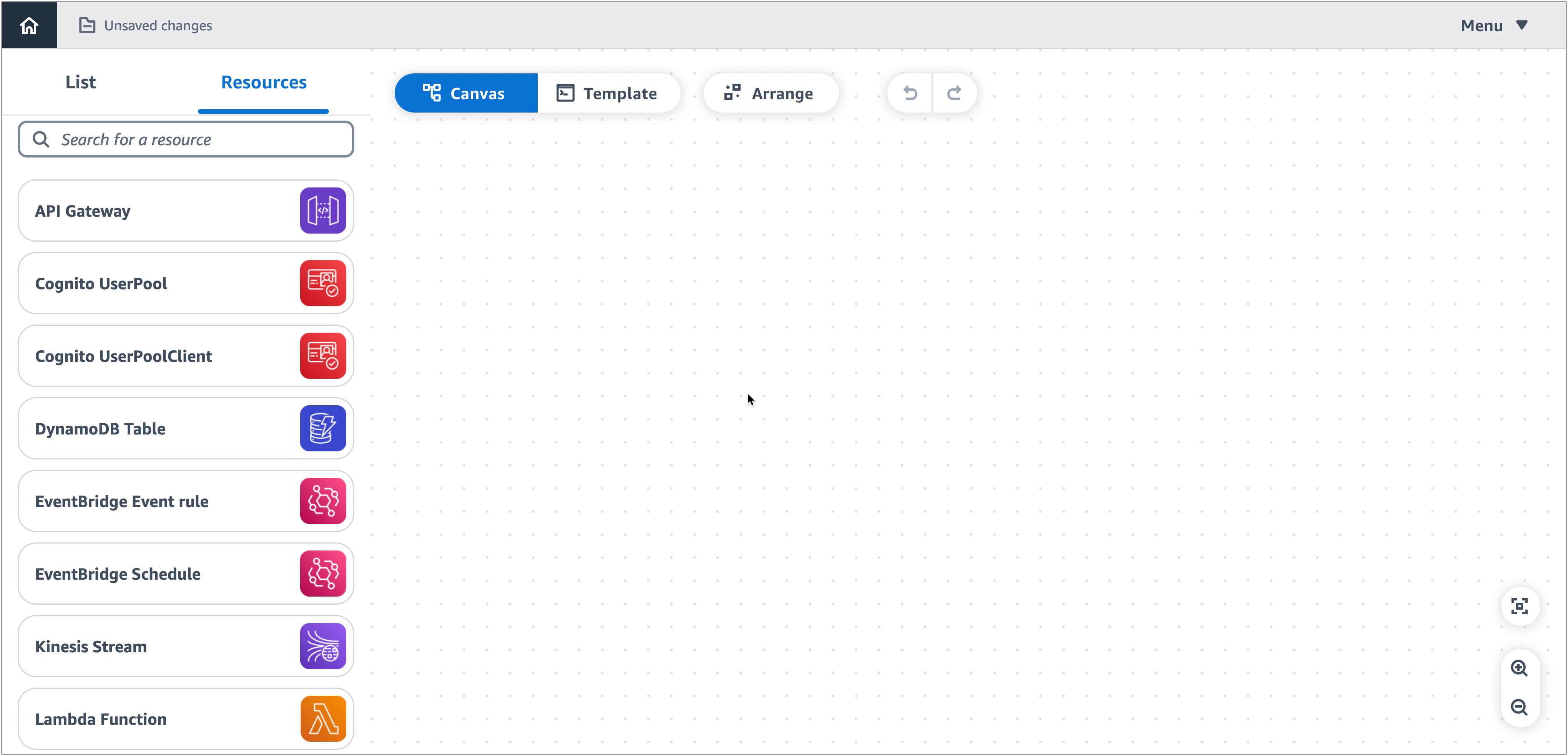 具有空白視覺化畫布的 Infrastructure Composer。
