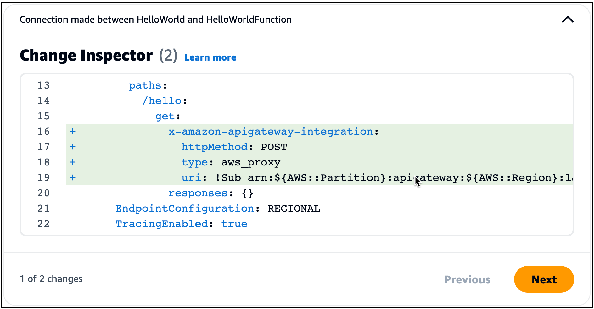 顯示由 Infrastructure Composer 自動更新的基礎設施程式碼。