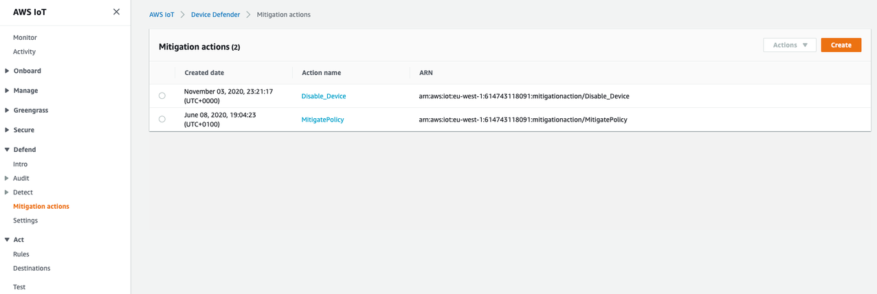 AWS IoT Device Defender 緩解動作組態表單，當中包含動作名稱、動作類型、許可、動作執行角色及物件群組欄位。
