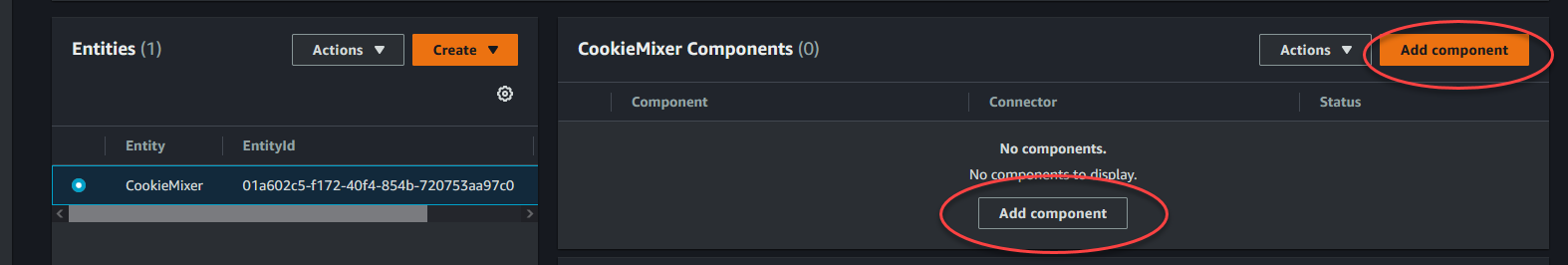 TwinMaker 實體主控台頁面，顯示新增元件按鈕。