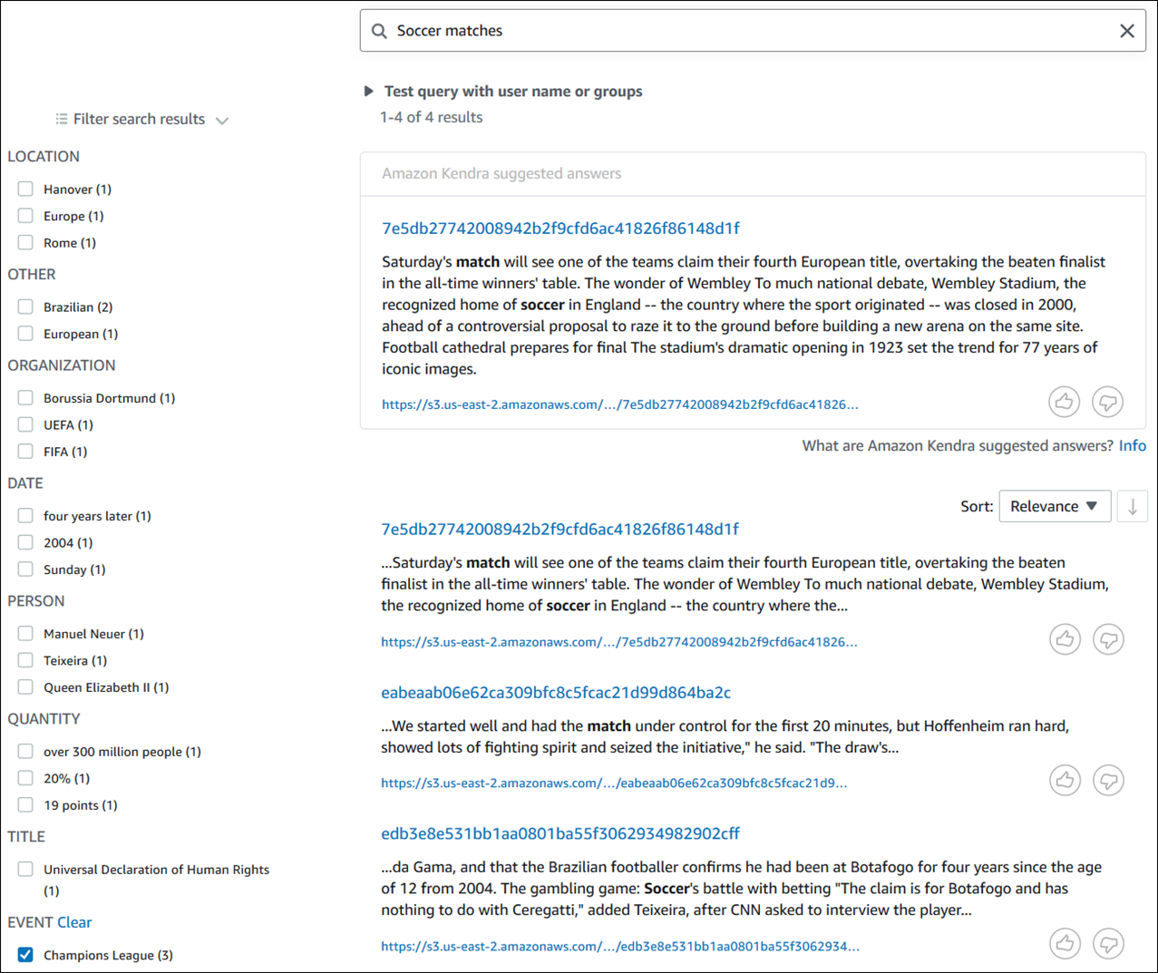 Search interface for soccer matches with filters and Amazon Kendra suggested answers.