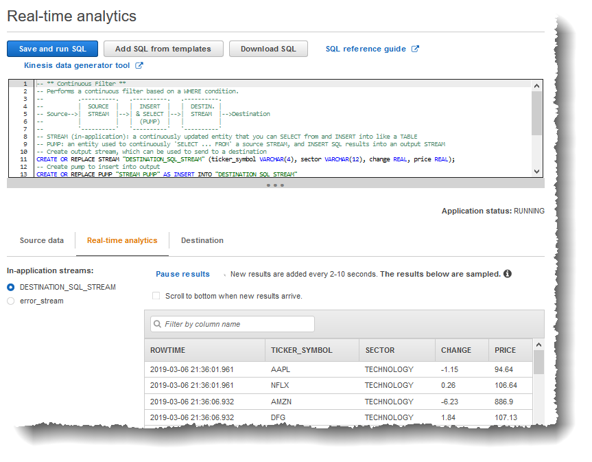 顯示即時分析標籤的 SQL 編輯器螢幕截圖，其中強調了應用程式內串流。