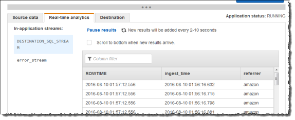 主控台螢幕擷取畫面，顯示即時分析標籤，與應用程式內串流生成的資料。
