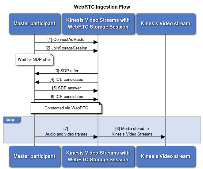 顯示主參與者、儲存工作階段和串流之間 WebRTC 擷取流程的圖表。
