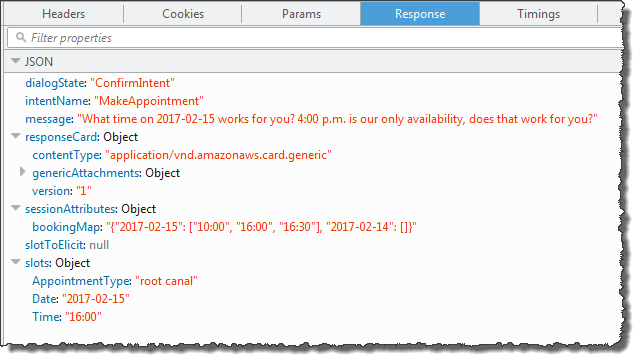 JSON 回應顯示預約的意圖和填入的所有槽。