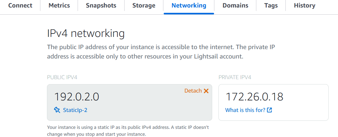 Lightsail 首頁的 Networking (聯網) 索引標籤中的所有靜態 IP 地址。