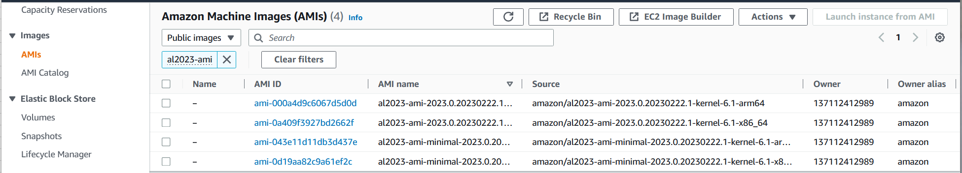 Source (來源) 欄下的 AL2023 AMI 清單。