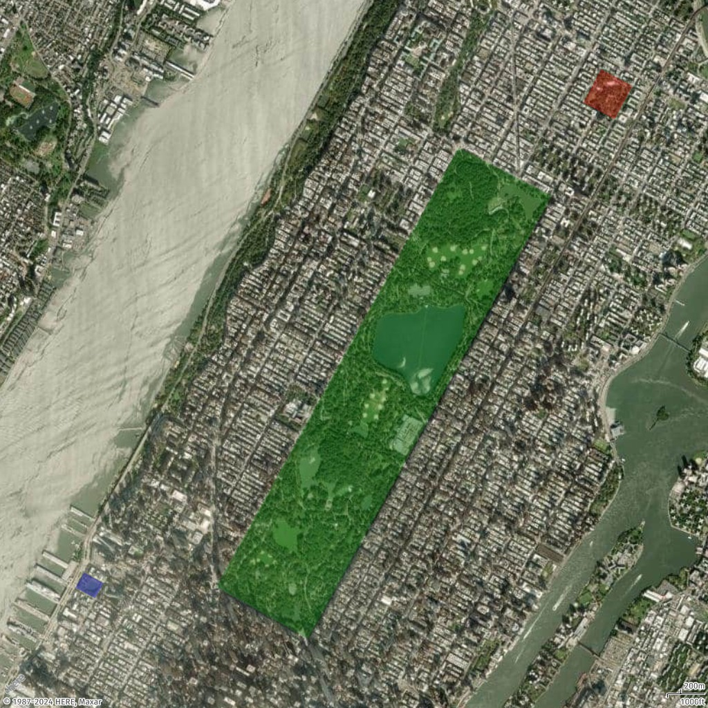 顯示紐約市公園周圍多個多邊形的範例地圖。