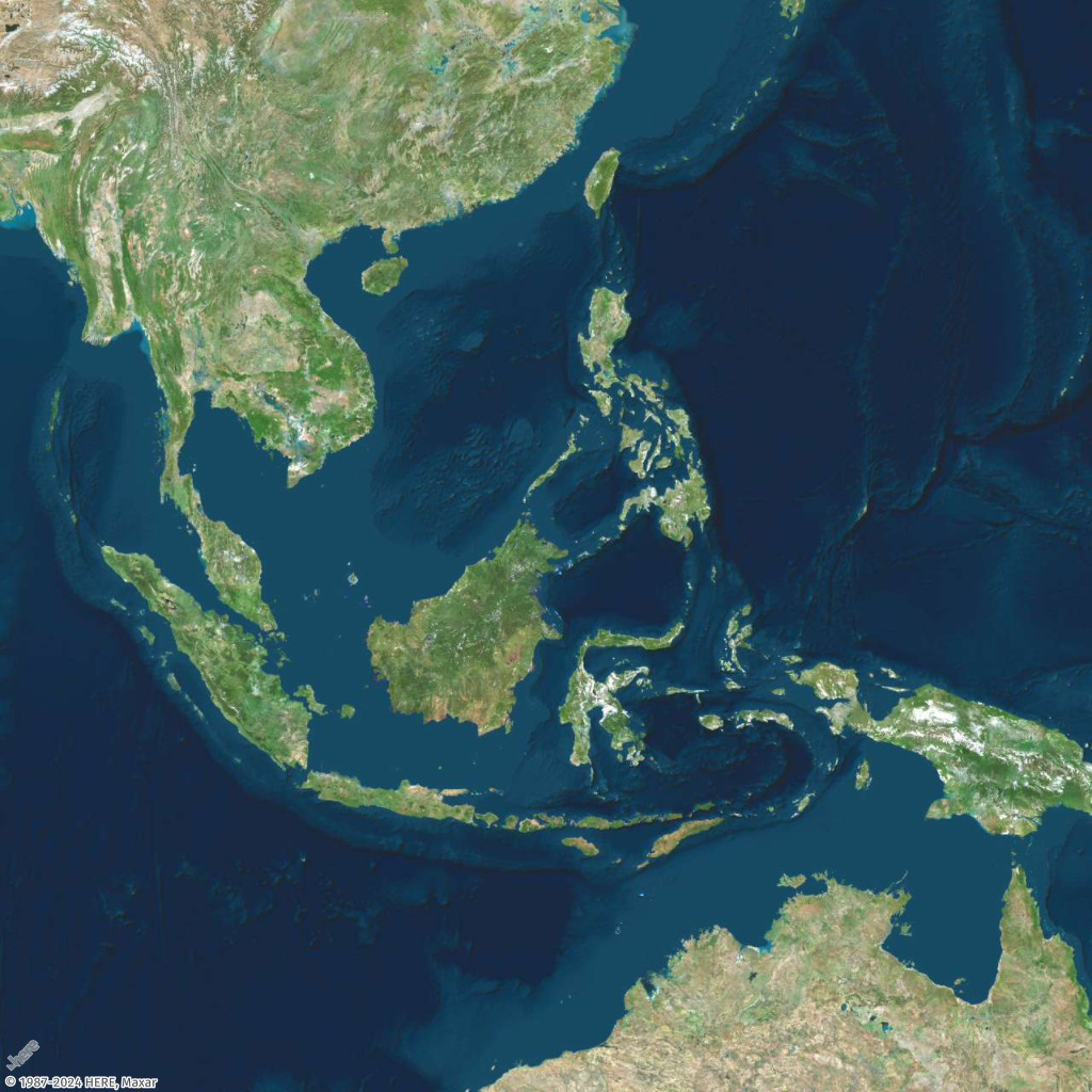 Satellite view of Southeast Asia, showing mainland, islands, and surrounding waters.