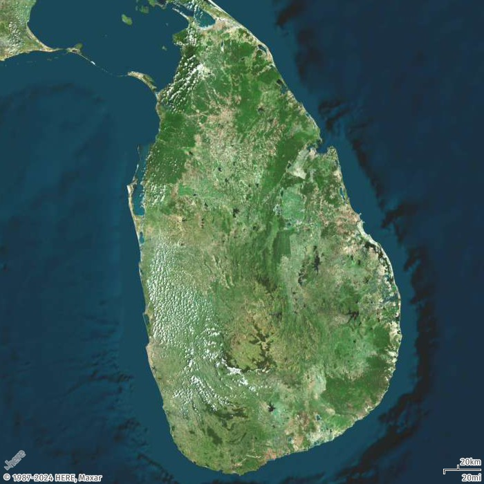 Satellite view of Sri Lanka, showing the teardrop-shaped island nation surrounded by ocean.