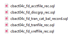 List of SQL mask files for CBACT04C program, including account, discrep, and transaction records.