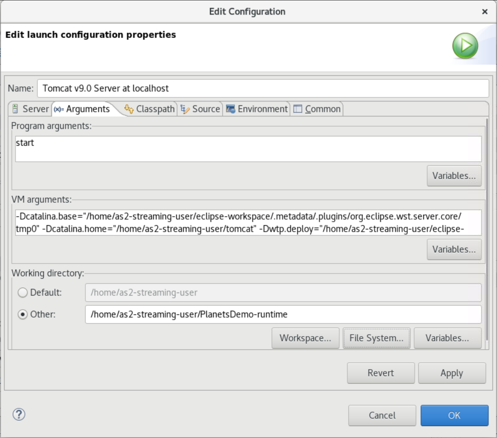 編輯組態對話方塊具有其他欄位中指定的工作目錄。