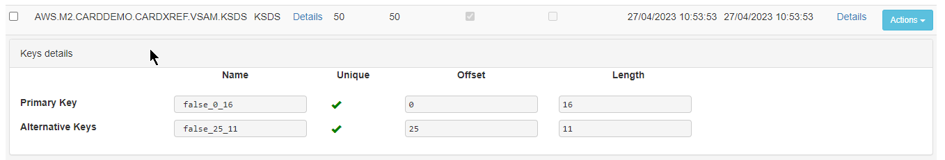 Key details table showing primary and alternative keys with their names, uniqueness, offsets, and lengths.