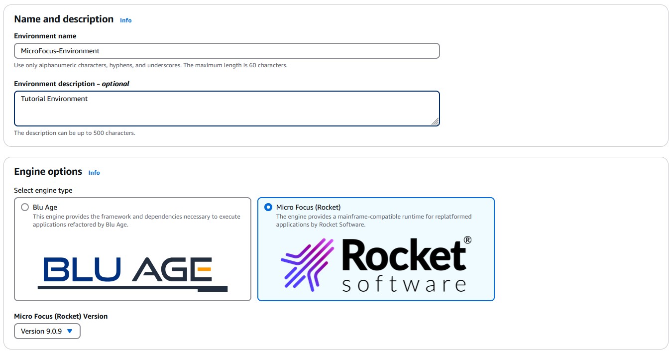 執行時間環境名稱、描述和引擎版本區段。