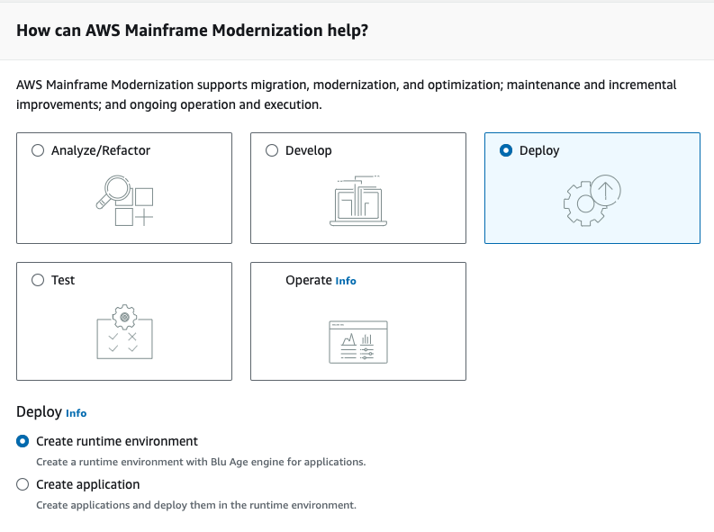 您要如何從選取部署和建立執行時間環境 AWS 的 Mainframe Modernization 區段開始。