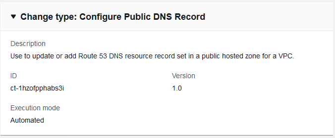Configure Public DNS Record change type details, including description and execution mode.