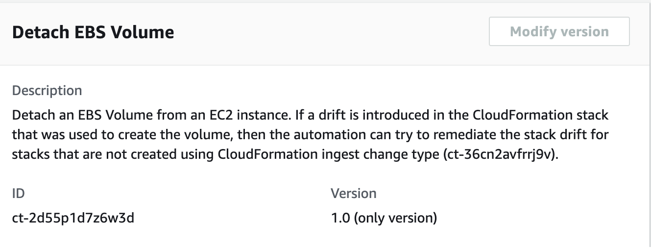 描述 of detaching an EBS volume from an EC2 instance with CloudFormation stack drift remediation.