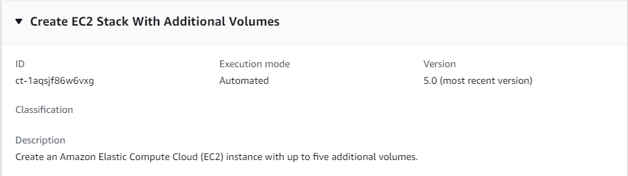 EC2 stack creation details showing ID, execution mode, and version for additional volumes.