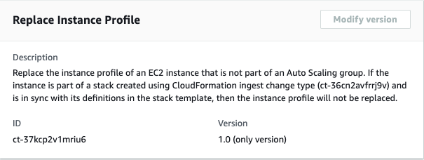 Replace Instance Profile dialog showing description, ID, and version fields.