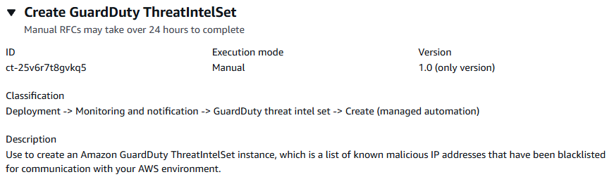 GuardDuty ThreatIntelSet 建立介面會顯示描述、ID 和版本詳細資訊。