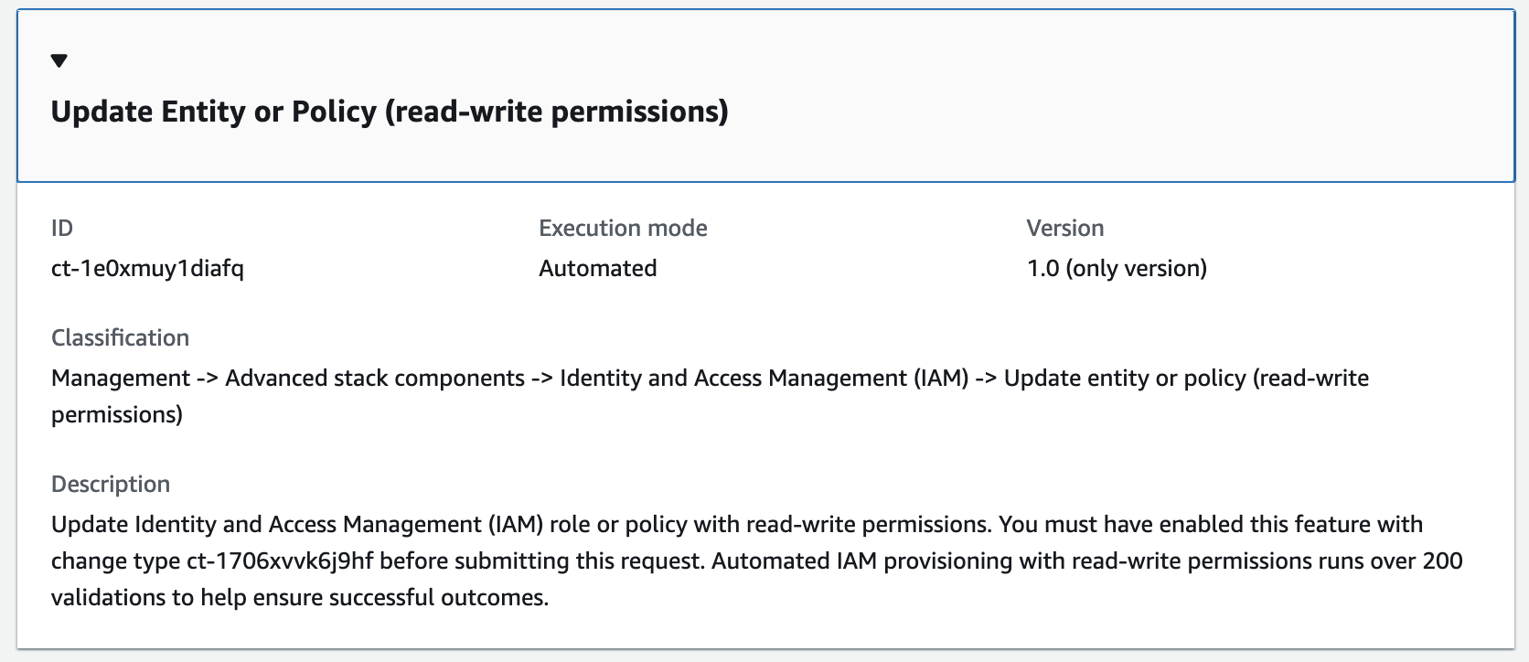 Update IAM role or policy interface showing ID, execution mode, version, and description.