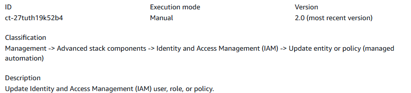 Update IAM Resource change type with description, ID, version, and execution mode details.