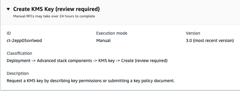 Create KMS Key interface showing ID, execution mode, version, and description fields.