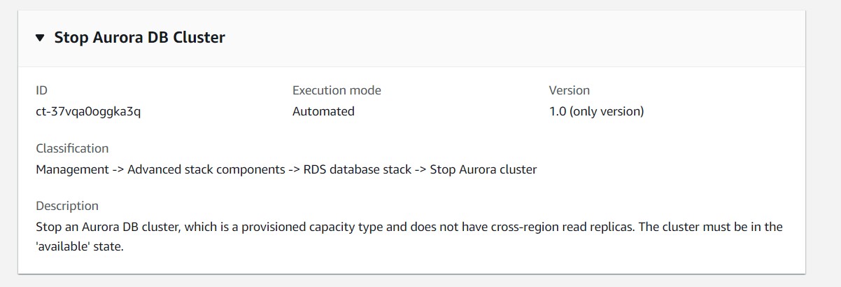 Details of a Stop Aurora DB 叢集 change type, including ID, execution mode, and description.