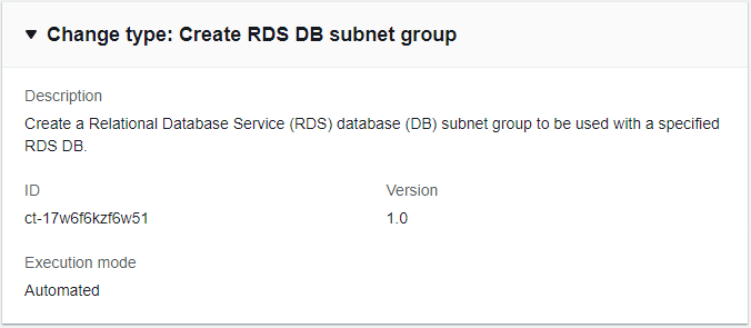 變更 type details for creating an RDS DB subnet group, including description and execution mode.