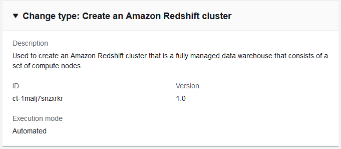 Details of an Amazon Redshift叢集 creation change type, including ID and version.