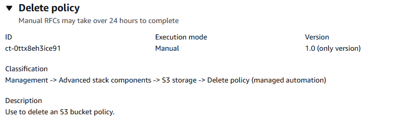 Delete policy change type with description, ID, version, and manual execution mode.