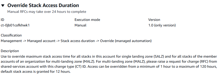 Override Stack Access Duration change type details, including ID, execution mode, and description.