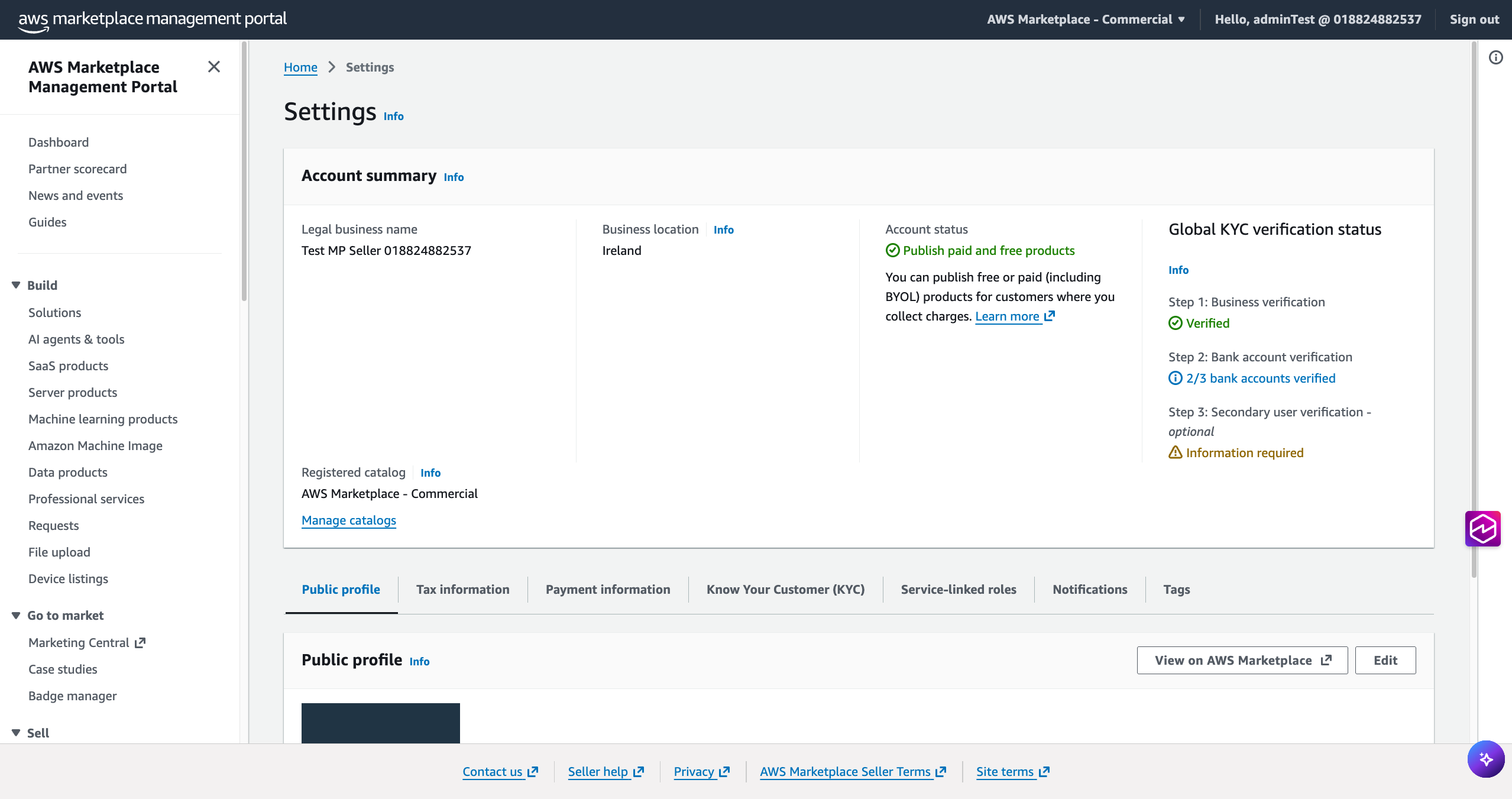 AWS Partner Central 主控台顯示左下角面板中的 Marketplace 設定選項。