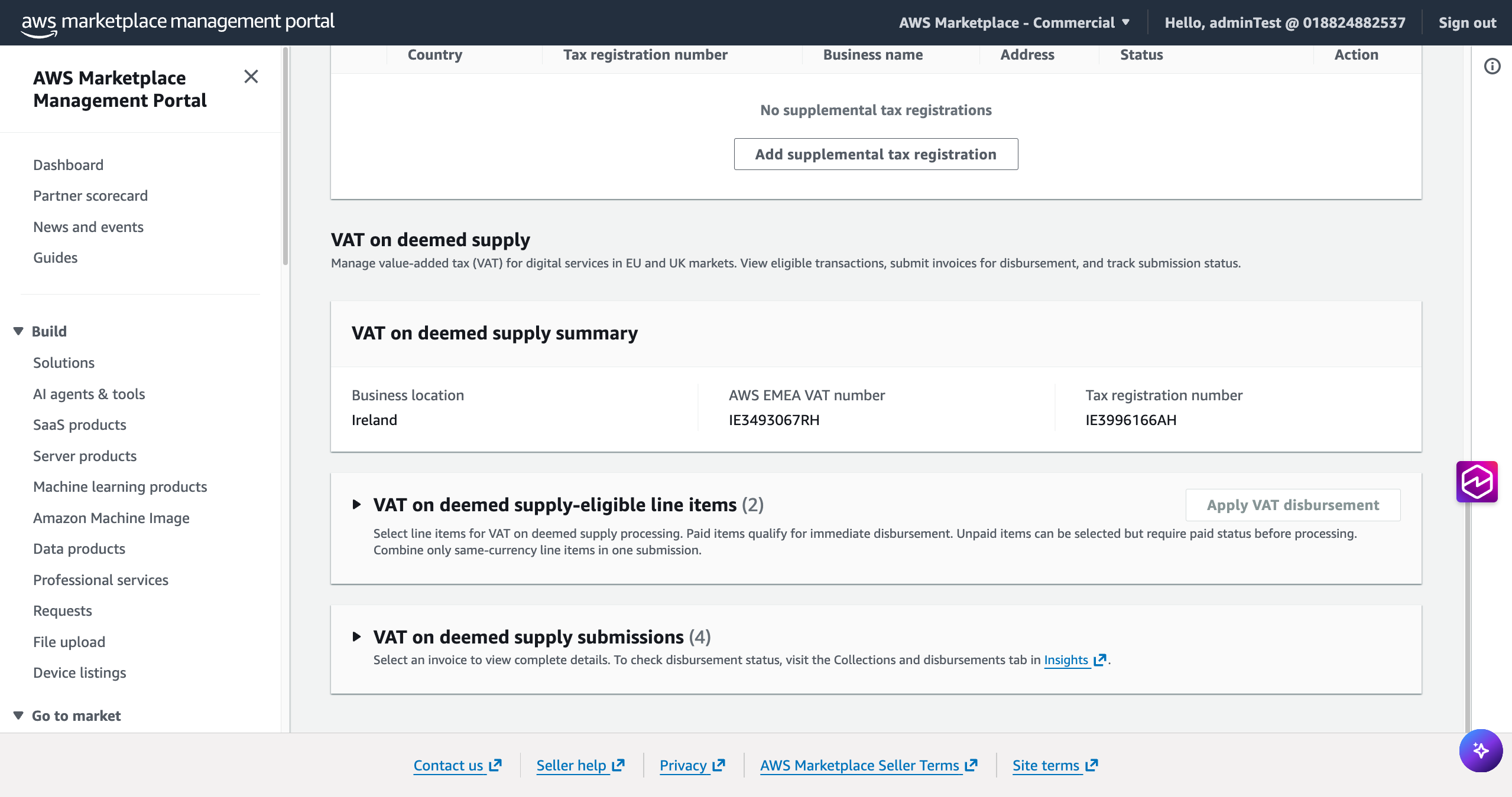 AWS Marketplace 管理入口網站中的稅務資訊索引標籤，顯示視為供應的增值稅區段。