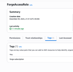 標籤索引標籤顯示 ForgeAccessRole 角色中的「forge-subscription」金鑰標籤。
