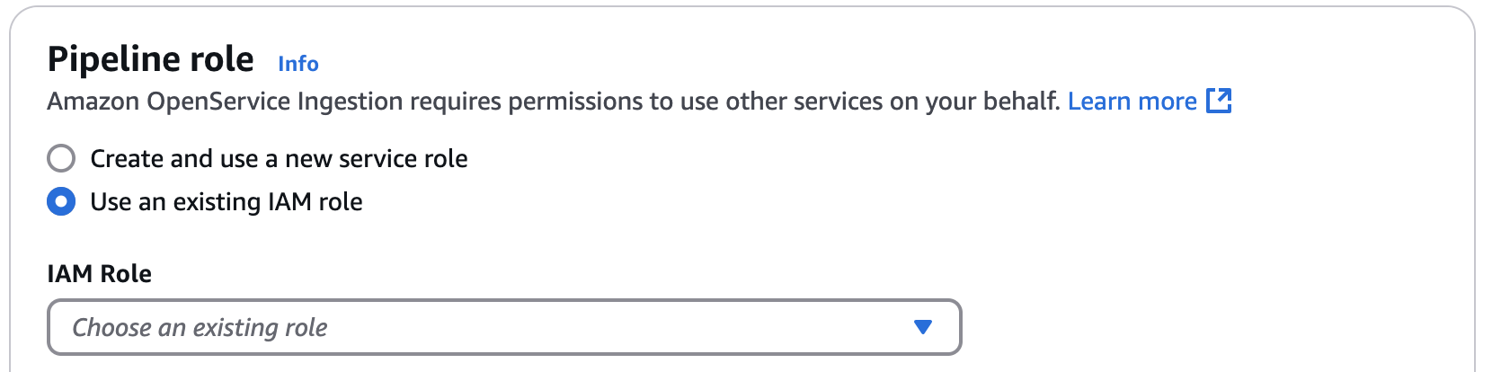 Pipeline role selection interface with options to create new or use existing IAM role.
