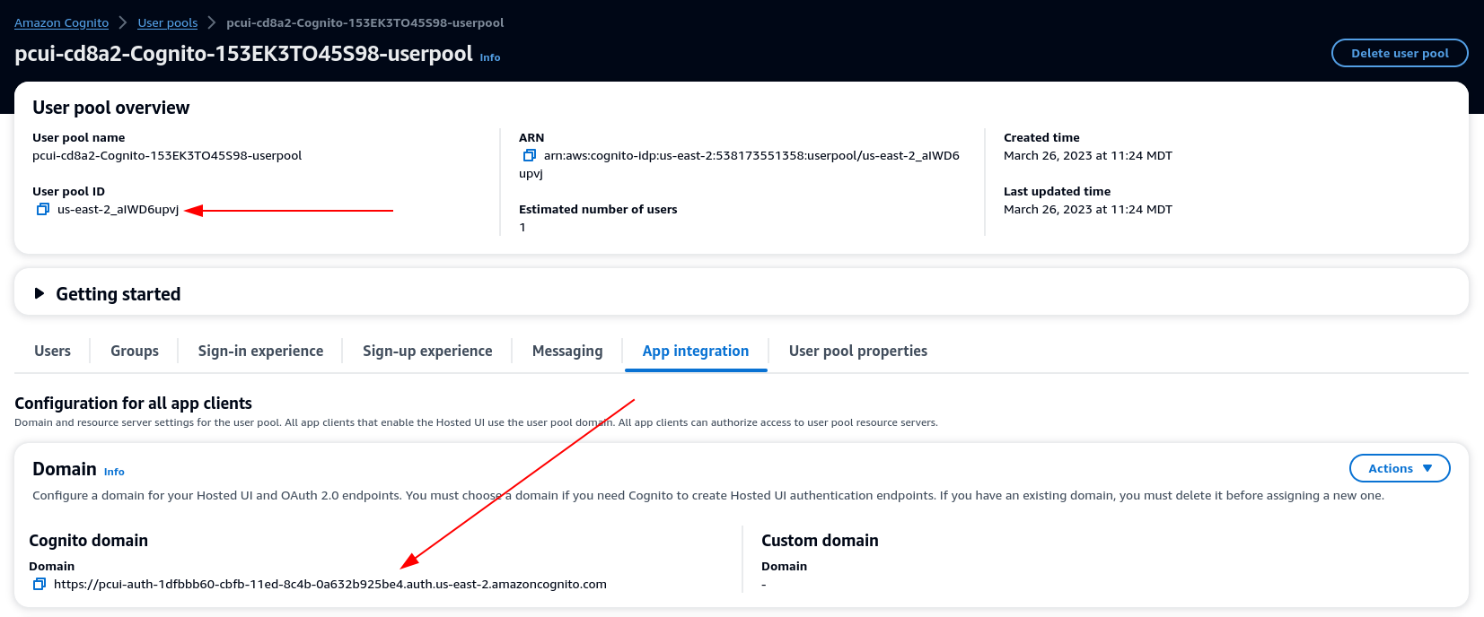 應用程式整合標籤中反白 Cognito 網域的螢幕擷取畫面