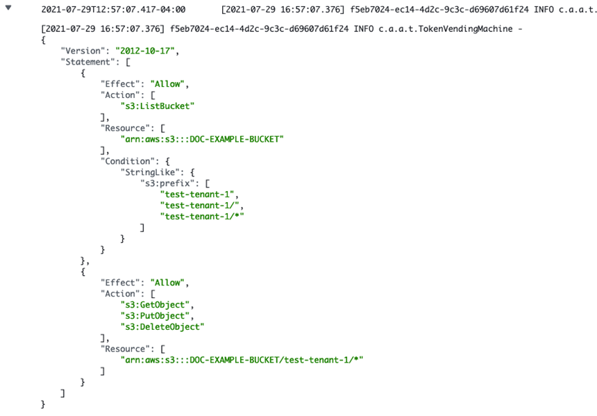 日誌顯示由 TVM 程式碼產生的動態產生政策。