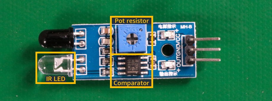 元件影像顯示電路板上的 IR LED、鍋電阻和比較器晶片。