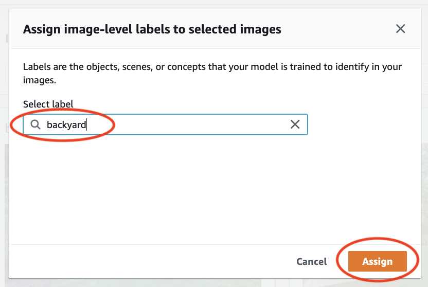 顯示如何使用指派按鈕將影像層級標籤「後院」指派給所選影像的對話方塊。
